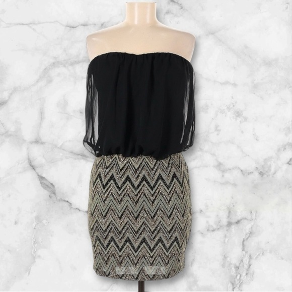 Wet Seal Black Gold Strapless Sparkly Chevron Cocktail Party Dress Y2K size M - Picture 1 of 4
